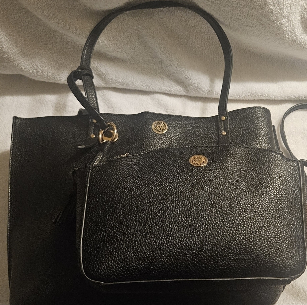 Anne Kleine Set Of Two Tote And Crossbody Bag Black Pebbled Leather Gold Accents - Picture 2 of 12